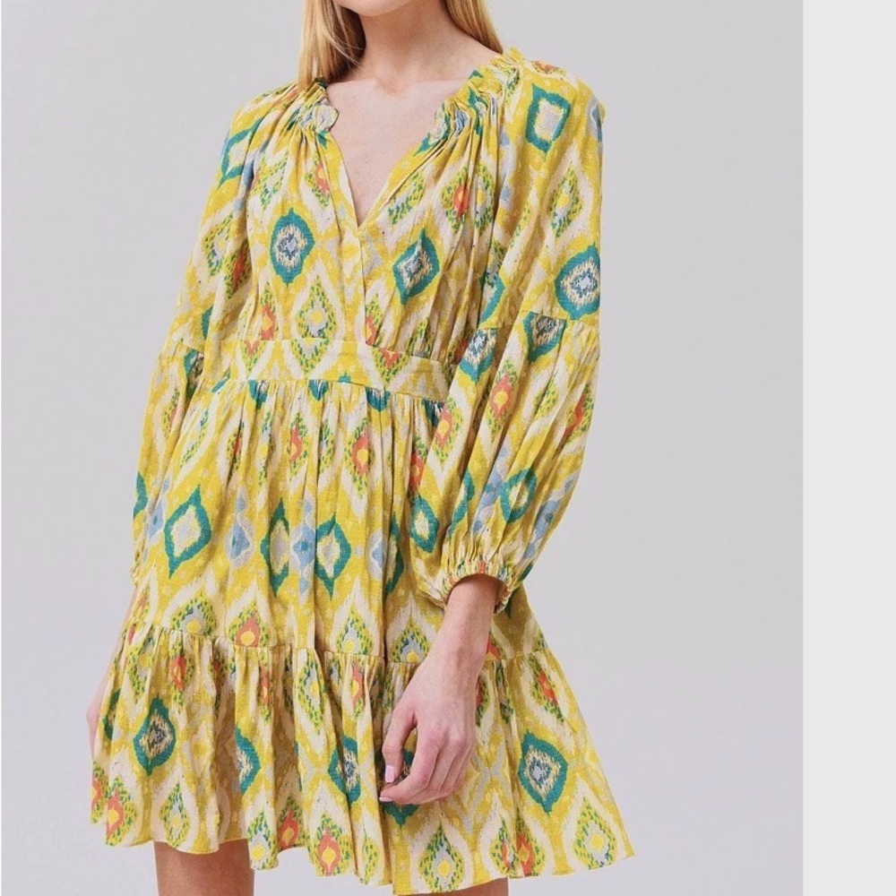 CHARINA SARTE YELLOW GREEN IKAT PRINT LONG SLEEVE DRESS WOMENS SZ SMALL